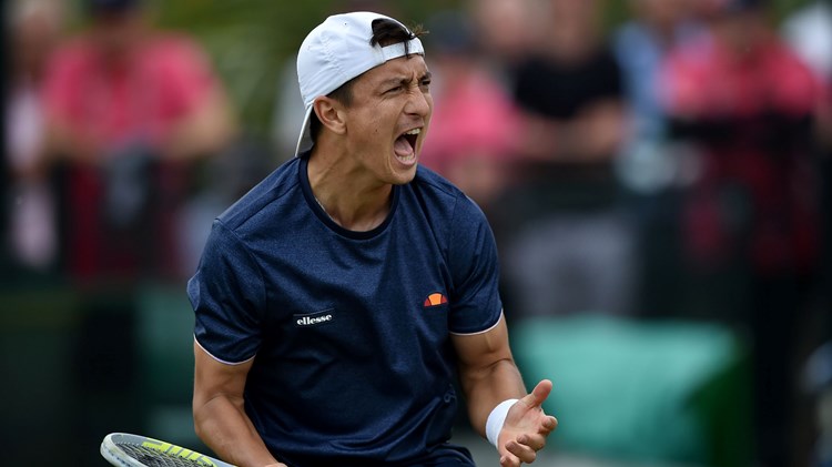 Ryan Peniston roars after a first round win over Jiri Vesely at the Rothesay Open Nottingham