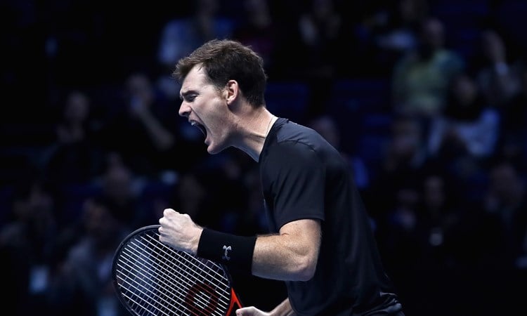 Jamie Murray celebrates winning a point during the semi-finals of the ATP World Tour Finals 2016