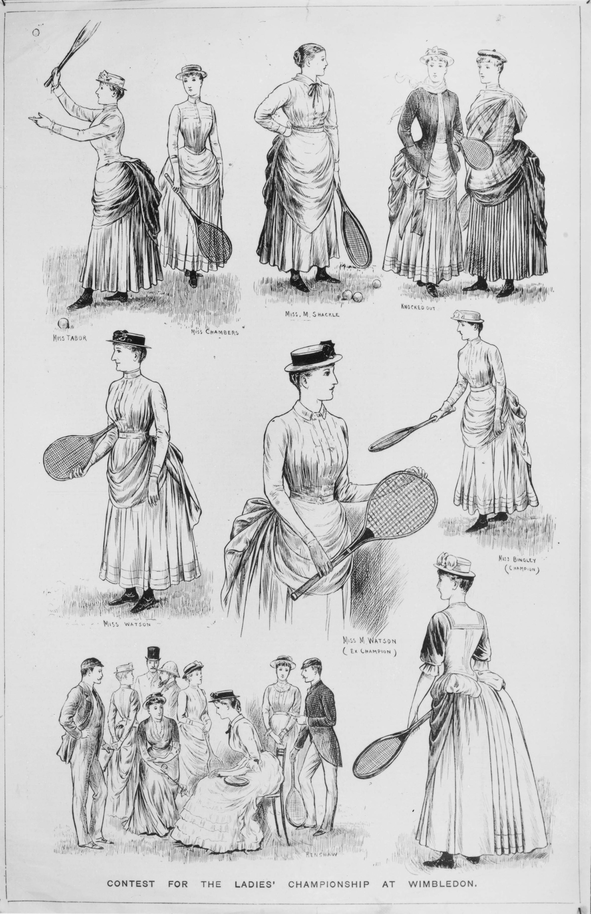 Contestants in the ladies' tennis championships at Wimbledon in 1886 featuring former champion, Miss Maud Watson