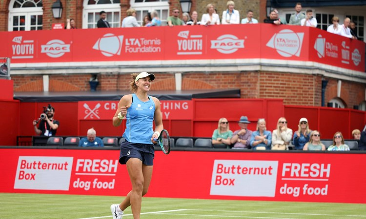 Beatriz Haddad Maia celebrates getting the first win on the Andy Murray Arena at the HSBC Championships 