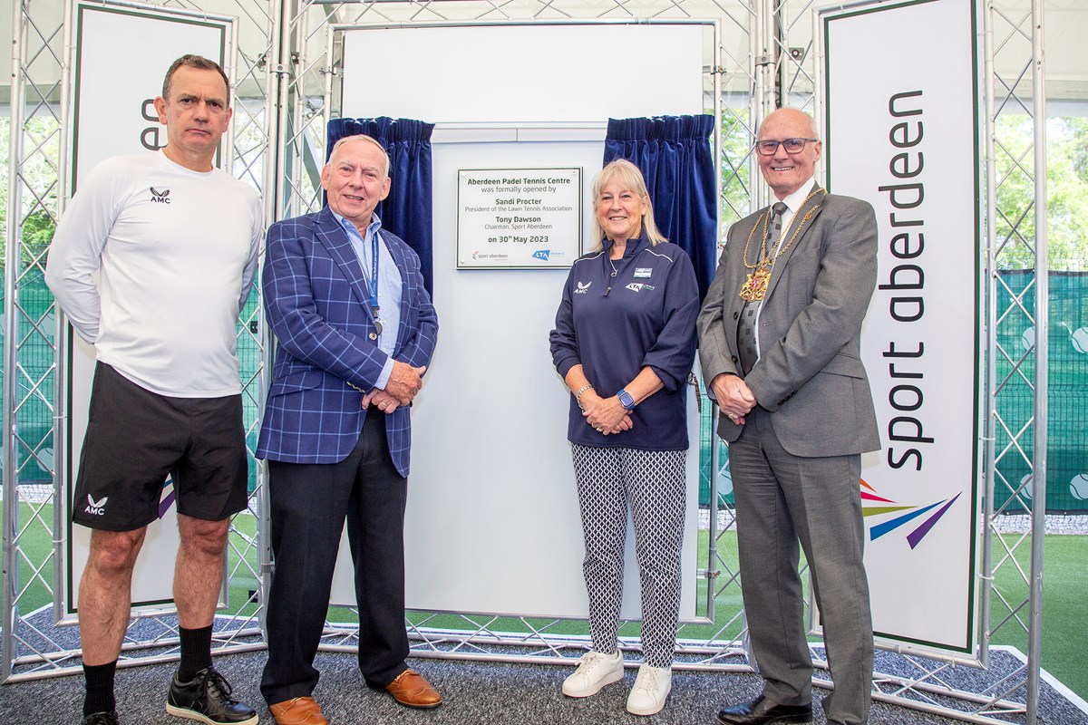 L-R Blane Dodds, Tony Dawson, Sandi Proctor and Lord Provost at Aberdeen TC padel launch