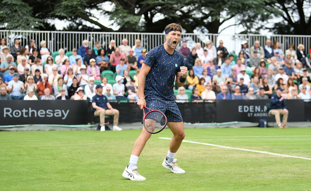 Liam Broady reacts after winning a set during his clash against Otto Virtanen at the 2022 Rothesay Open Nottingham