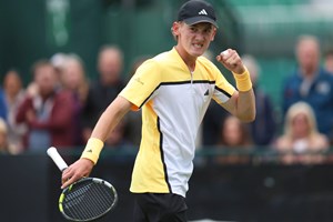 Henry Searle gives a fist pump ater winning in the first round of qualifying at the Rothesay Open Nottingham