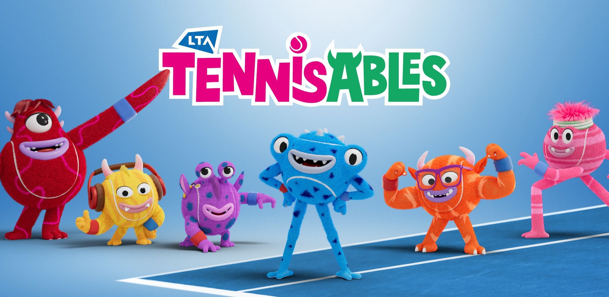 A banner showing all 6 Tennisables characters standing on a tennis court