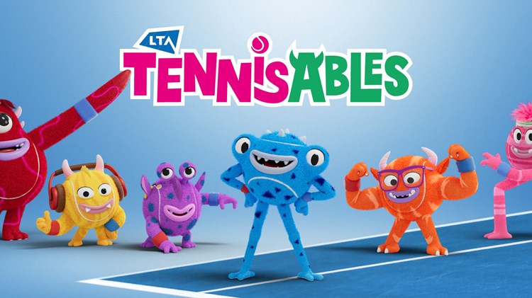 A banner showing all 6 Tennisables characters standing on a tennis court