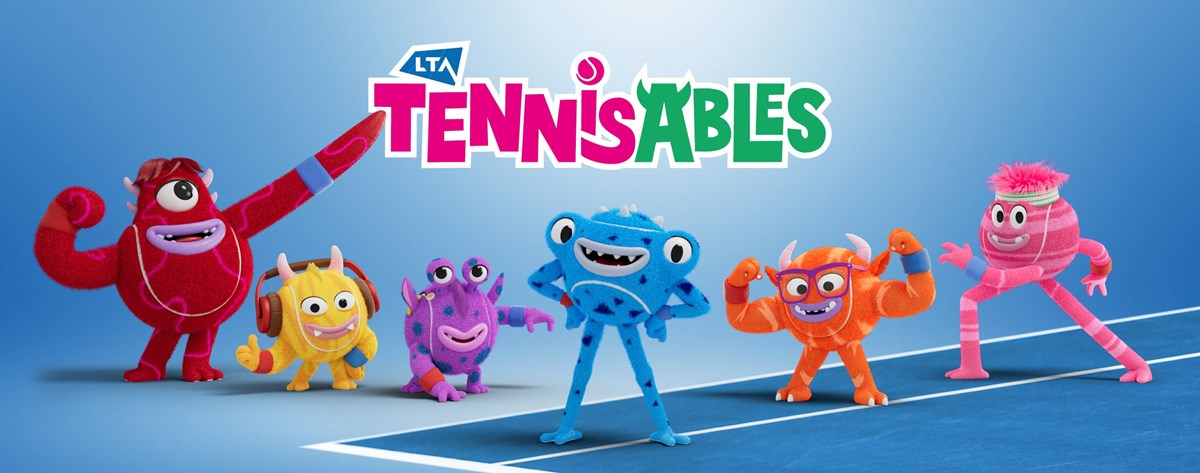 A banner showing all 6 Tennisables characters standing on a tennis court