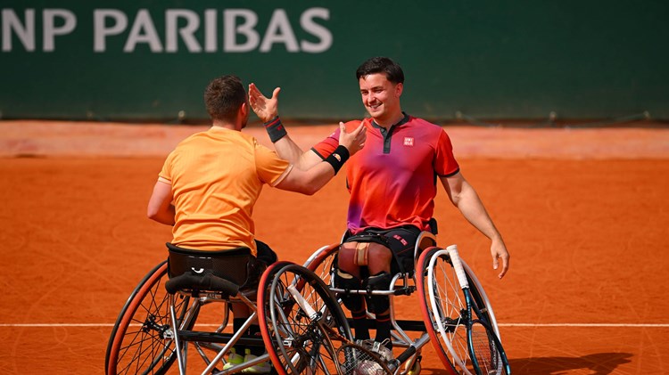 Gordon Reid and Alfie Hewett on court playing doubles in Rome