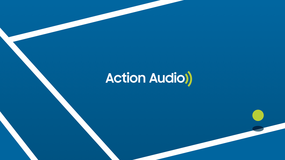 Action Audio logo over a blue tennis court background