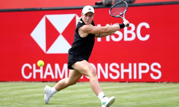 Sonay Kartal hits a backhand during the first round of the HSBC Championships