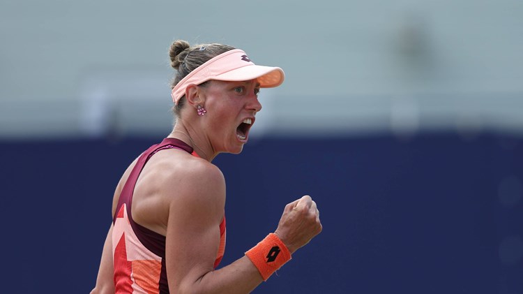 Yanina Wickmayer celebrates in the final of the Lexus Surbiton Trophy