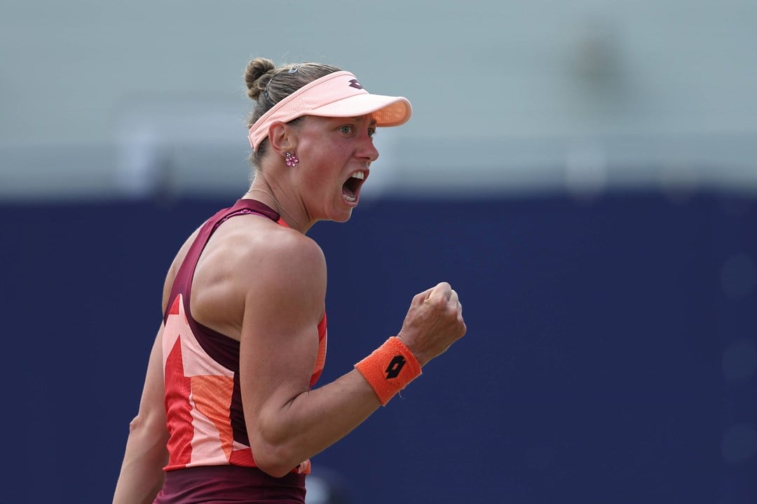 Yanina Wickmayer celebrates in the final of the Lexus Surbiton Trophy