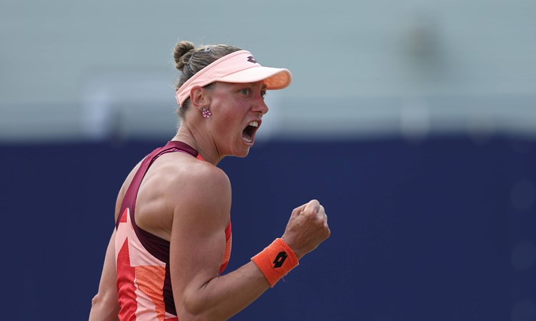 Yanina Wickmayer celebrates in the final of the Lexus Surbiton Trophy