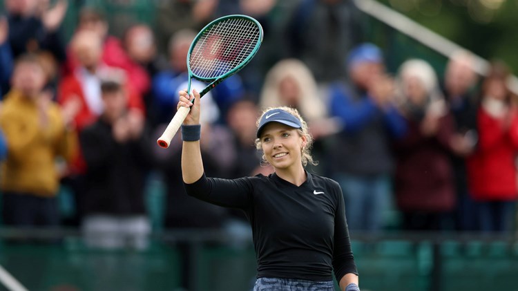 Katie Boulter celebrates a first round win at the Rothesay Open Nottingham