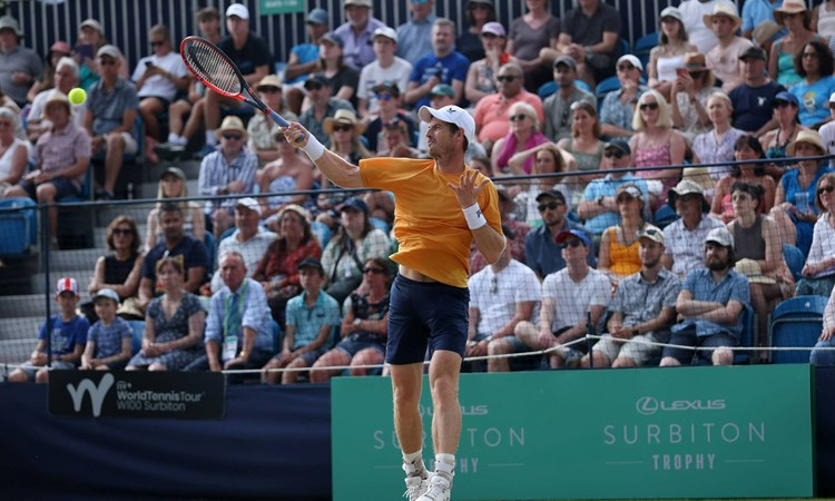 Andy Murray hits a forehand in the Lexus Surbiton Trophy final