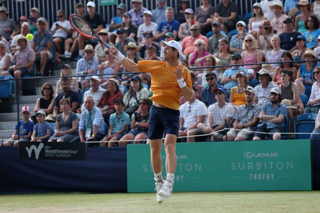 Andy Murray hits a forehand in the Lexus Surbiton Trophy final