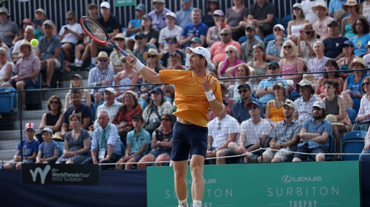 Andy Murray hits a forehand in the Lexus Surbiton Trophy final