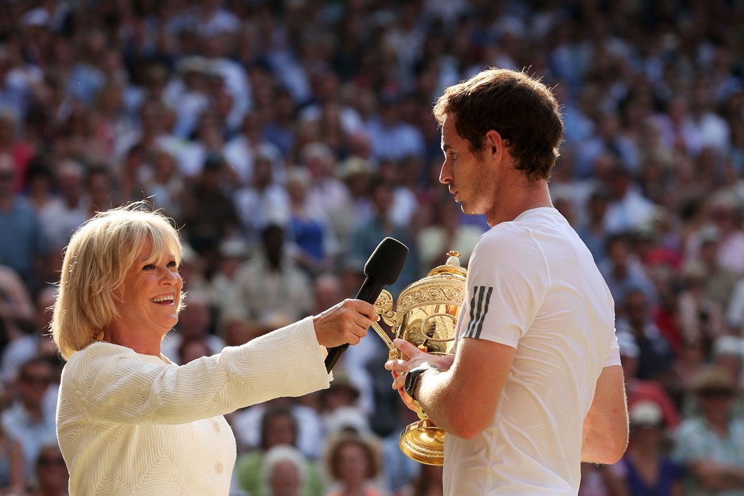 Sue Barker interviewing Andy Murray after winning Wimbledon