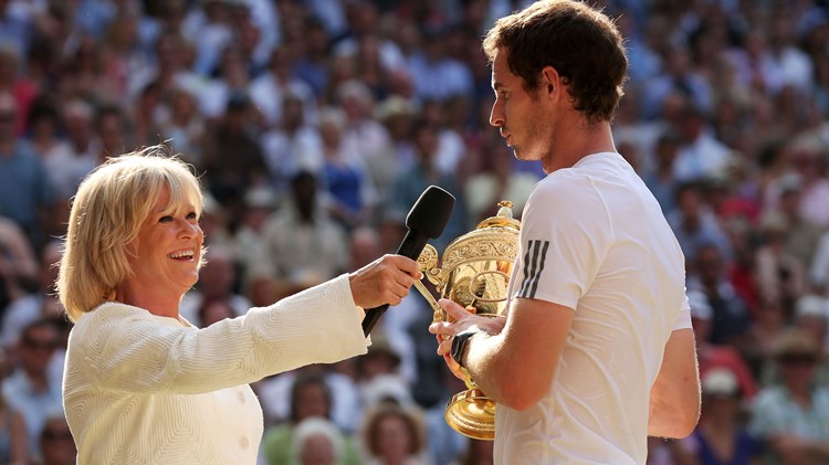 Sue Barker interviewing Andy Murray after winning Wimbledon