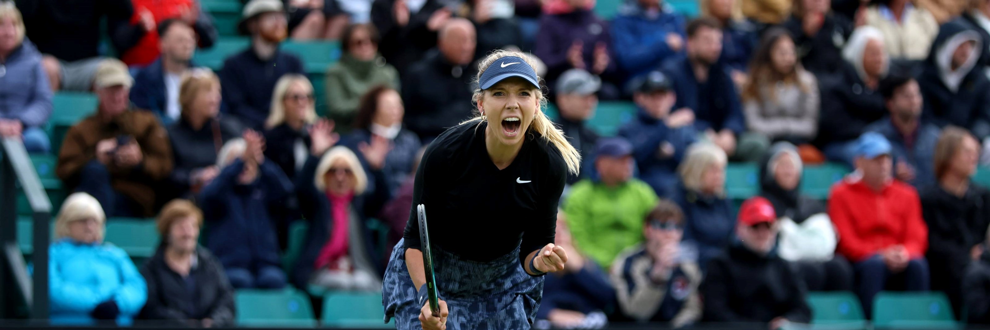 Katie Boulter celebrates her first round win at the Rothesay Open Nottingham 2024