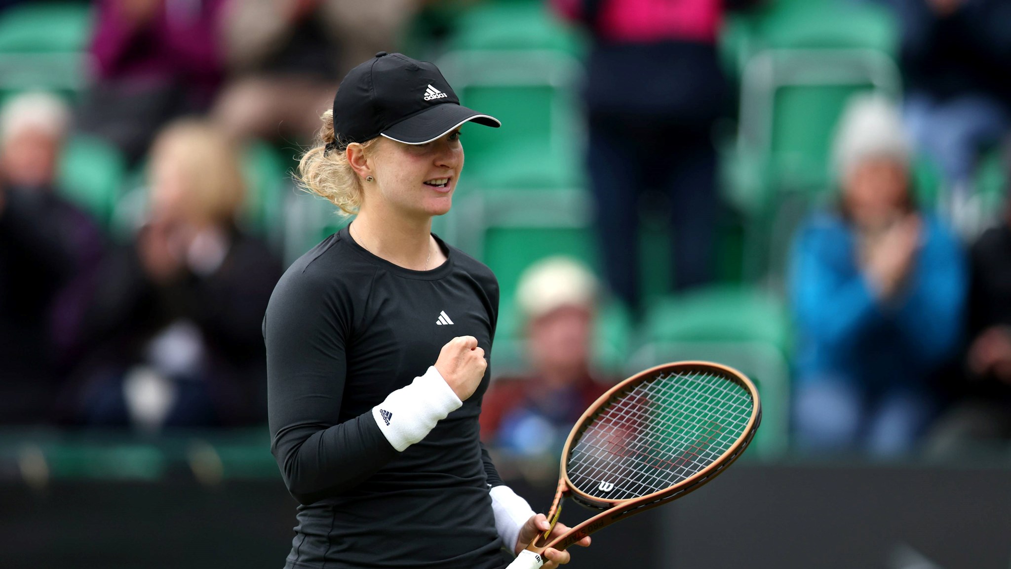 Fran Jones celebrates her first grass court win in Nottingham