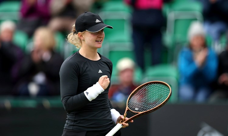 Fran Jones celebrates her first grass court win in Nottingham