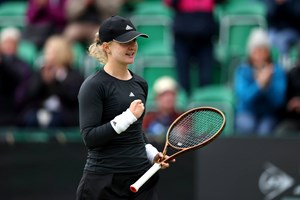 Fran Jones celebrates her first grass court win in Nottingham