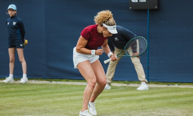 Amarni Banks fist pumping and cheering in celebration at the Lexus Ilkley Open