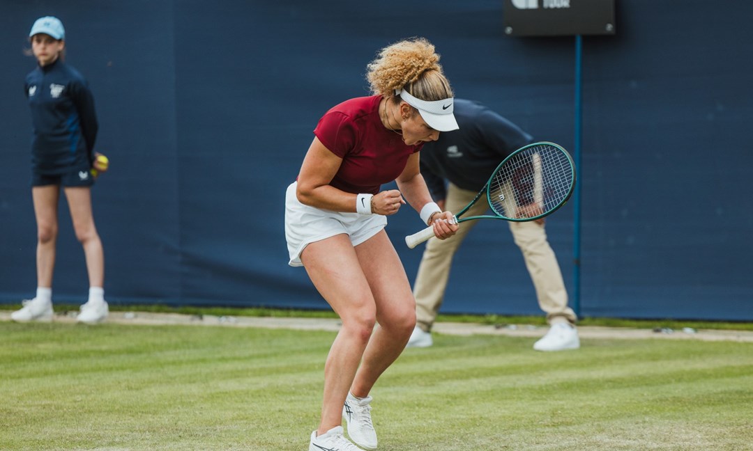 Amarni Banks fist pumping and cheering in celebration at the Lexus Ilkley Open