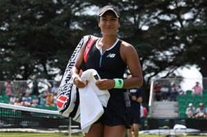 Heather Watson smiles as she walks off court at the Rothesay Open Nottingham