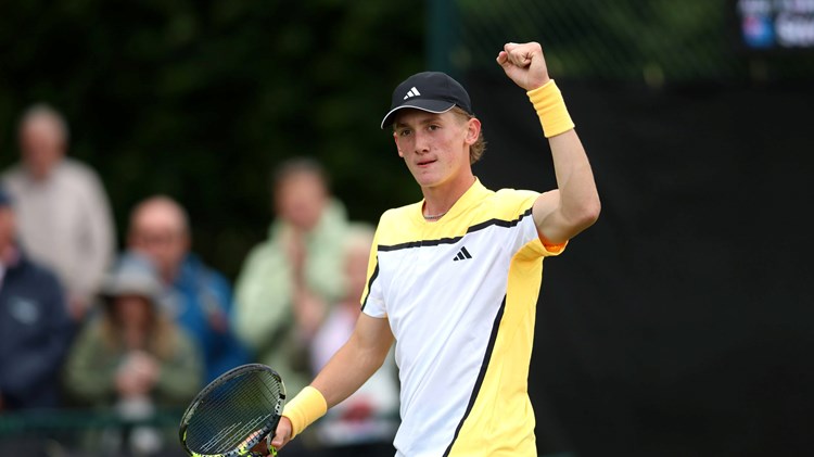 Henry Searle celebrates his first main draw win at the Rothesay Open Nottingham