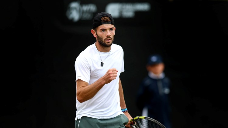 Jake Fearnley gives a fist pump during his first round match at the Rothesay Open Nottingham