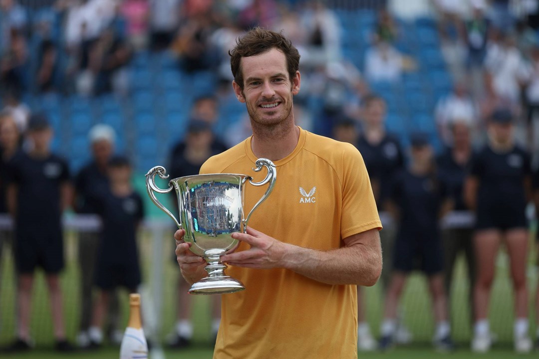 Andy Murray holding the 2023 Lexus Surbiton Trophy title