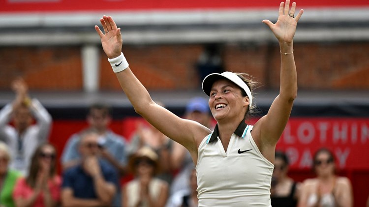 Tatjana Maria celebrates winning the HSBC Championships final