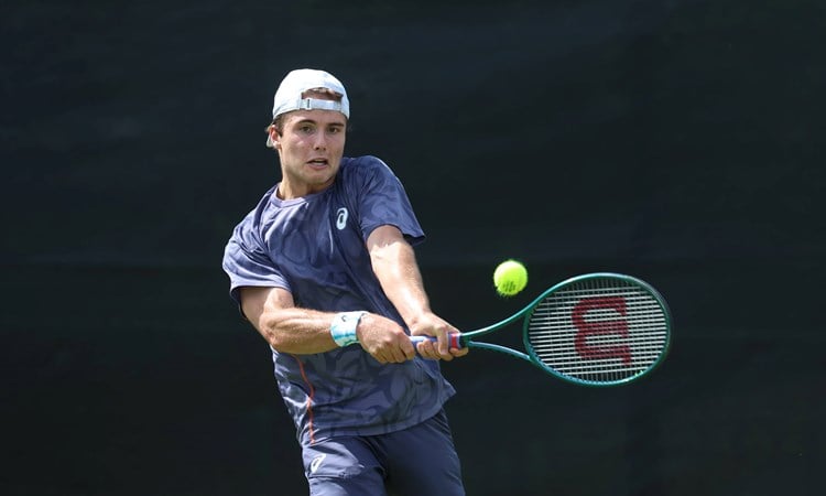 Arthur Fery hits a backhand in qualifying at the Lexus Nottingham Open