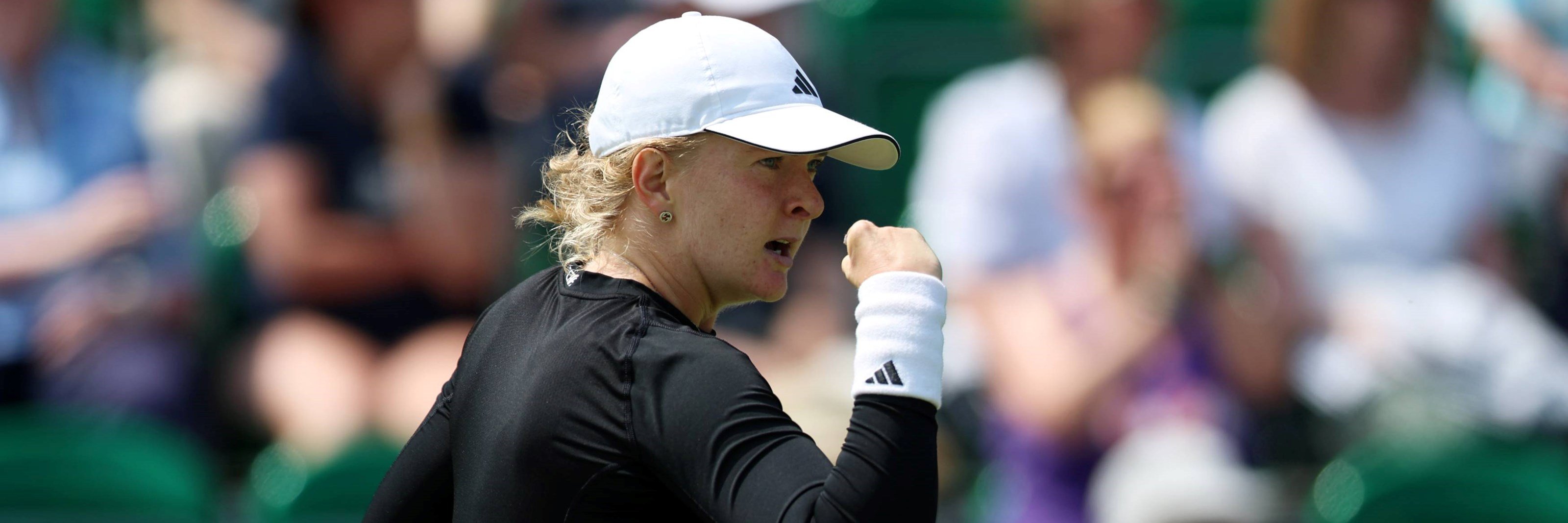 Francesca Jones gives a fist pump in her first round match at the Lexus Nottingham Open