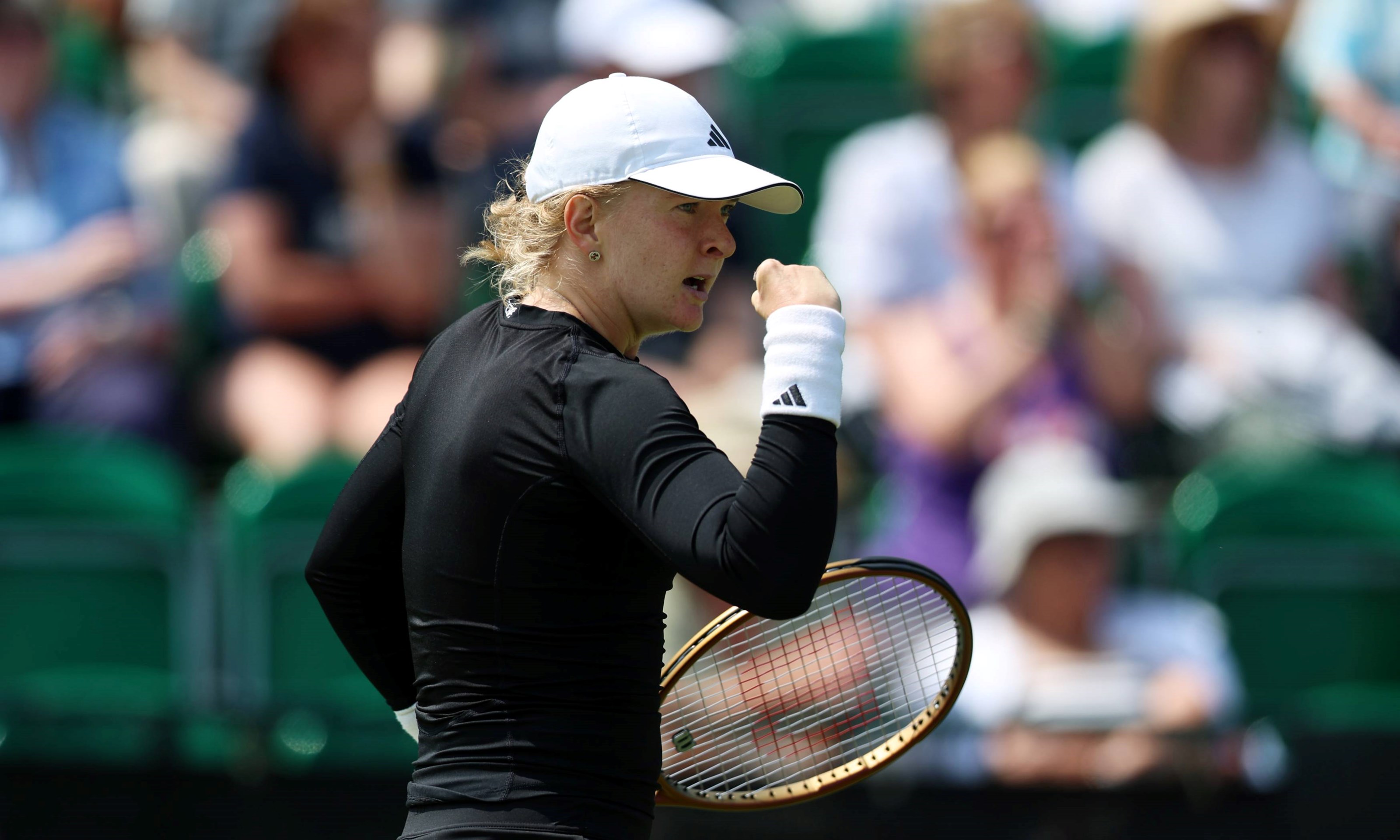 Francesca Jones gives a fist pump in her first round match at the Lexus Nottingham Open