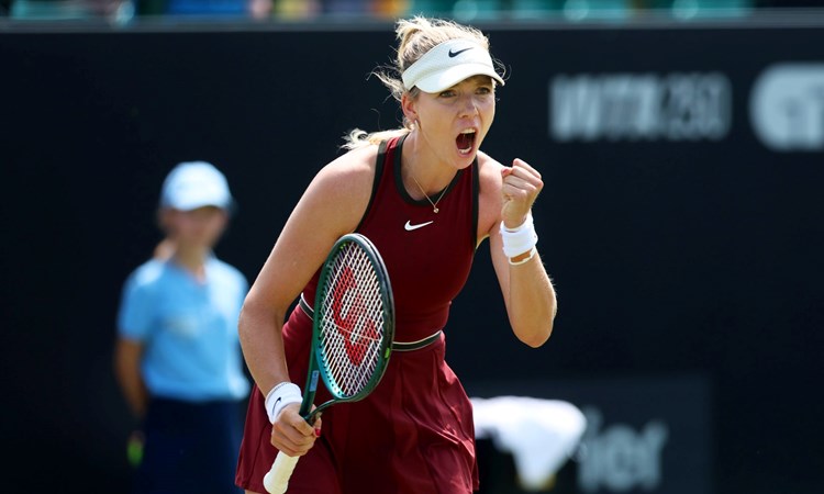 Katie Boulter roars in celebration after winning the first round at the Lexus Nottingham Open
