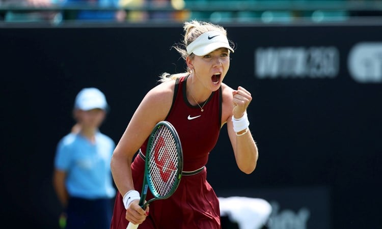 Katie Boulter roars in celebration after winning the first round at the Lexus Nottingham Open