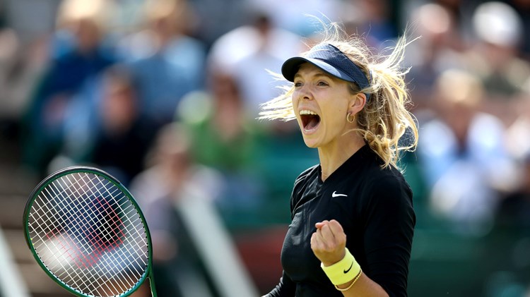 Katie Boulter celebrates a win over Emma Raducanu at the Rothesay Open Nottingham