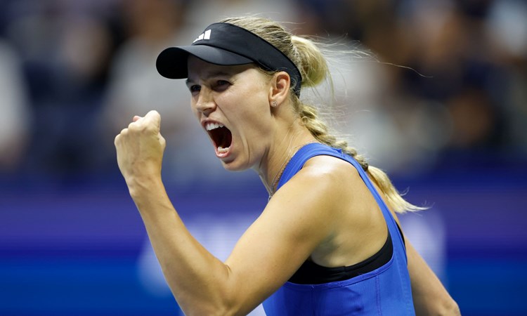 Caroline Wozniacki of Denmark celebrates winning the first set against Petra Kvitova of Czech Republic during their Women's Singles Second Round match on Day Three of the 2023 US Open at the USTA Billie Jean King National Tennis Center on August 30, 2023 in the Flushing neighborhood of the Queens borough of New York City. 