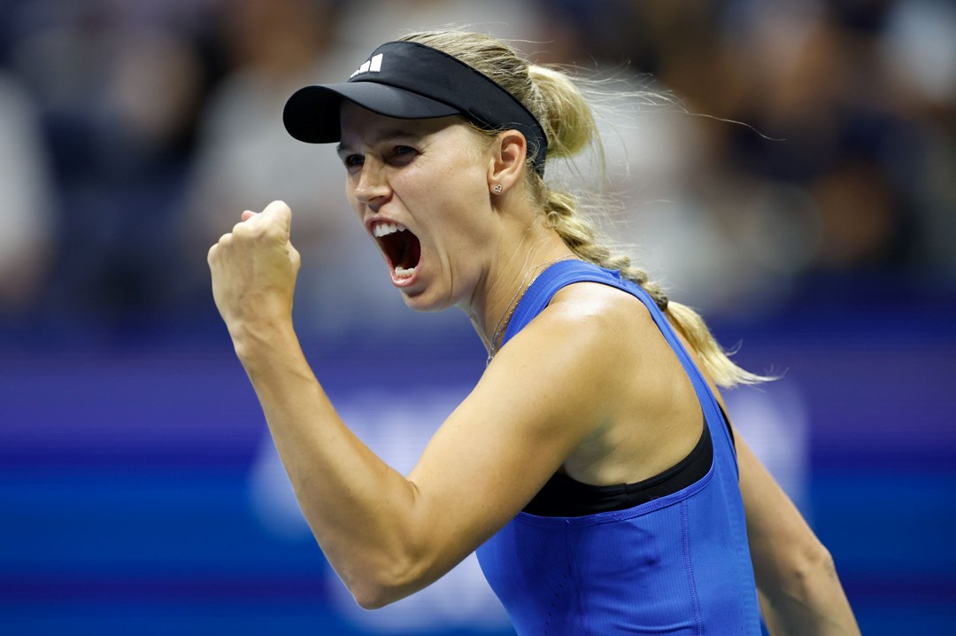 Caroline Wozniacki of Denmark celebrates winning the first set against Petra Kvitova of Czech Republic during their Women's Singles Second Round match on Day Three of the 2023 US Open at the USTA Billie Jean King National Tennis Center on August 30, 2023 in the Flushing neighborhood of the Queens borough of New York City. 