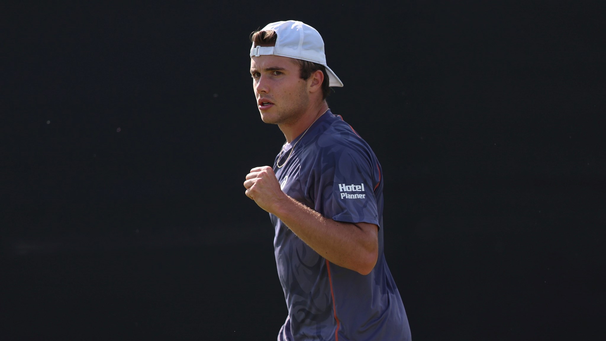 Arthur Fery gives a fist pump celebration at the Lexus Nottingham Open