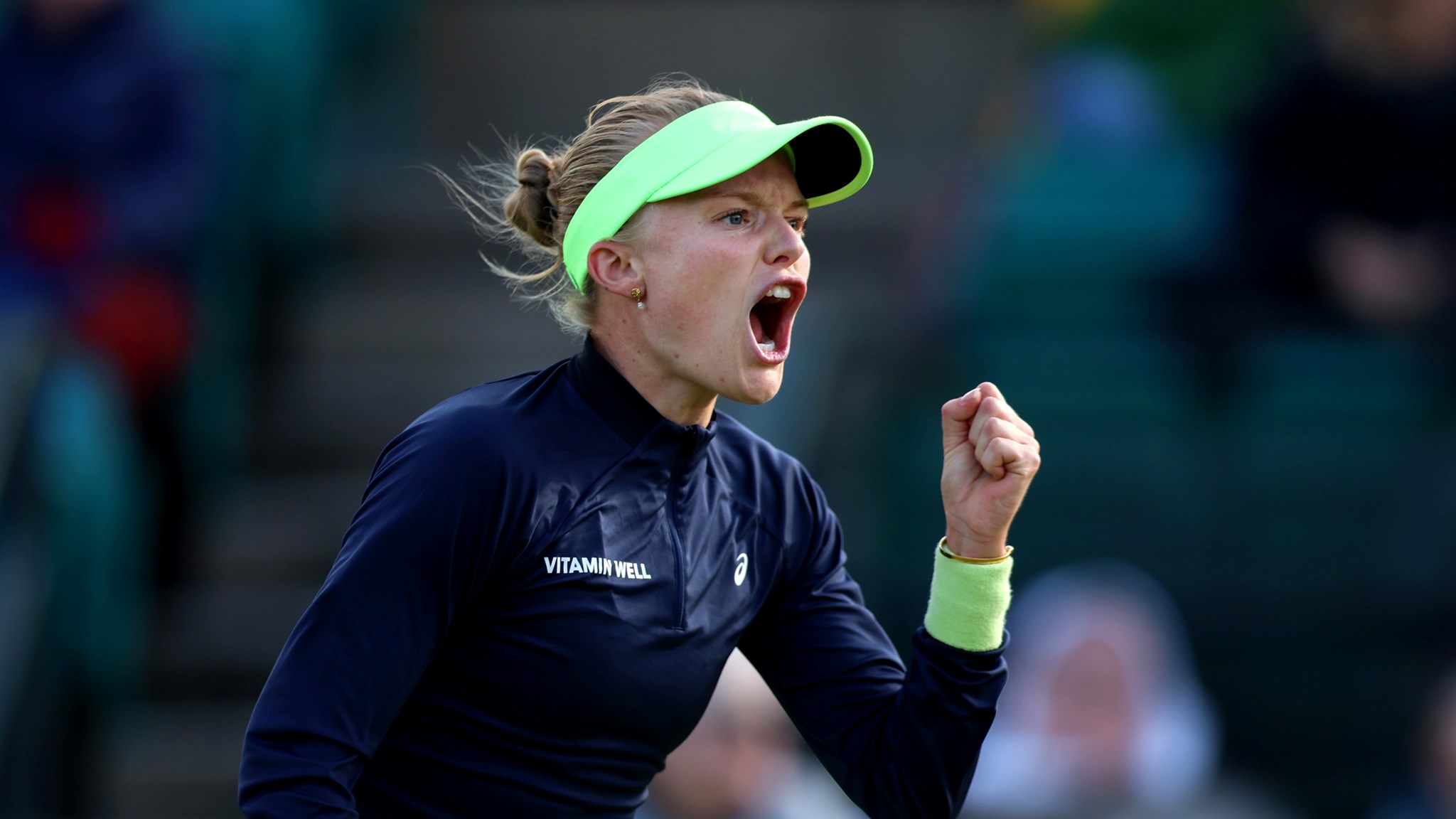 Harriet Dart of Great Britain celebrates against Katie Boulter of Great Britain during the Women's Round of 32 match on Day One of the Rothesay Open Nottingham at Lexus Nottingham Tennis Centre on June 10, 2024 in Nottingham, England.