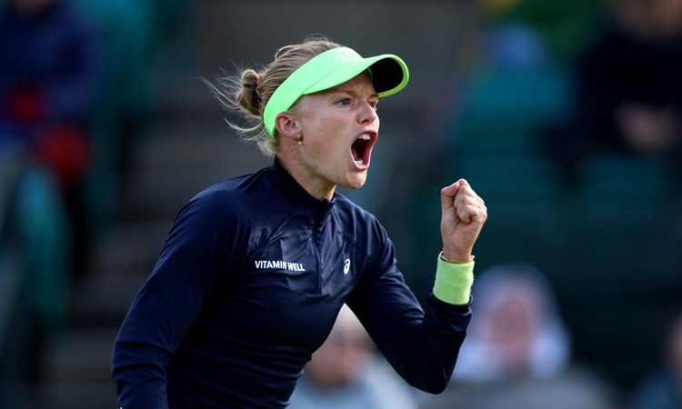 Harriet Dart of Great Britain celebrates against Katie Boulter of Great Britain during the Women's Round of 32 match on Day One of the Rothesay Open Nottingham at Lexus Nottingham Tennis Centre on June 10, 2024 in Nottingham, England.