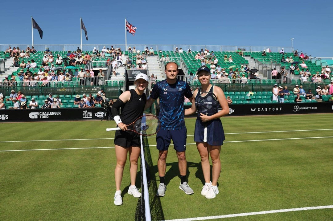 GB Learning disability tennis star Dominic Iannotti poses with Francesca Jones and Linda Noskova before their match at the Lexus Nottingham Open