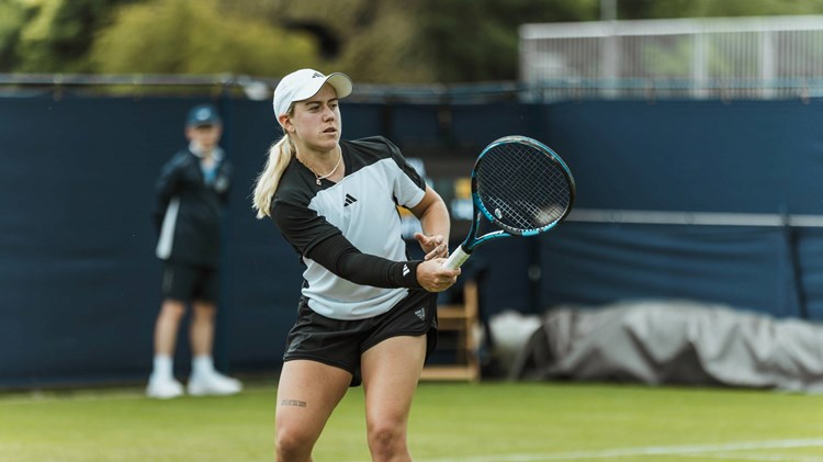 Sonay Katal hits a forehand at the Lexus Ilkley Trophy