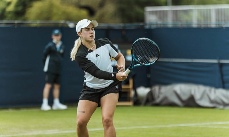 Sonay Katal hits a forehand at the Lexus Ilkley Trophy