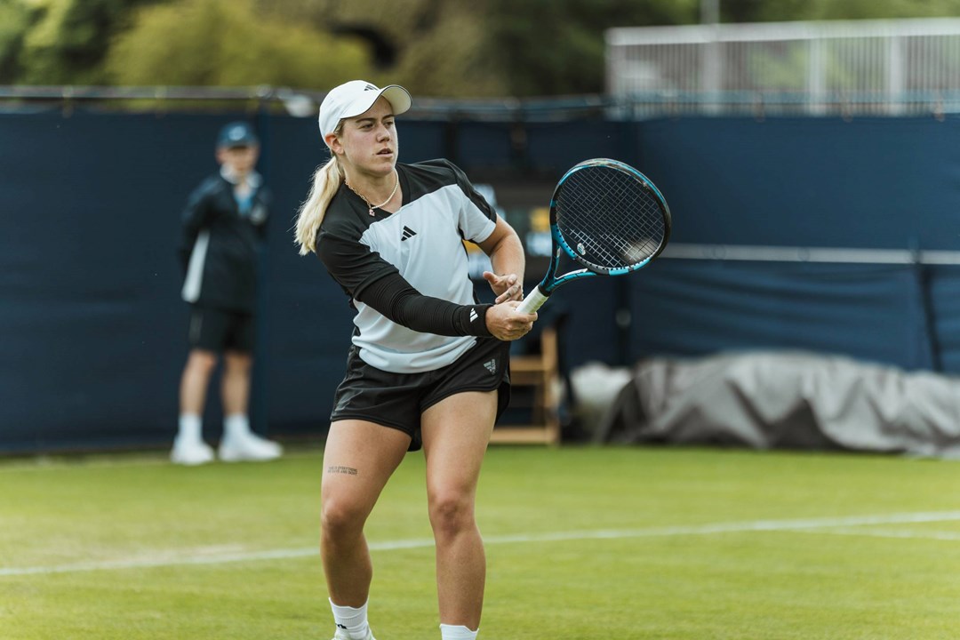 Sonay Katal hits a forehand at the Lexus Ilkley Trophy