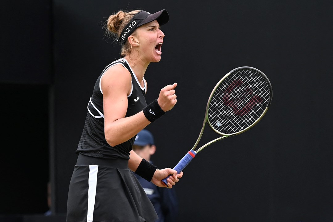 Beatriz Haddad Maia reacting after winning match point during her semi-final match against Simona Halep at the 2022 Rothesay Classic