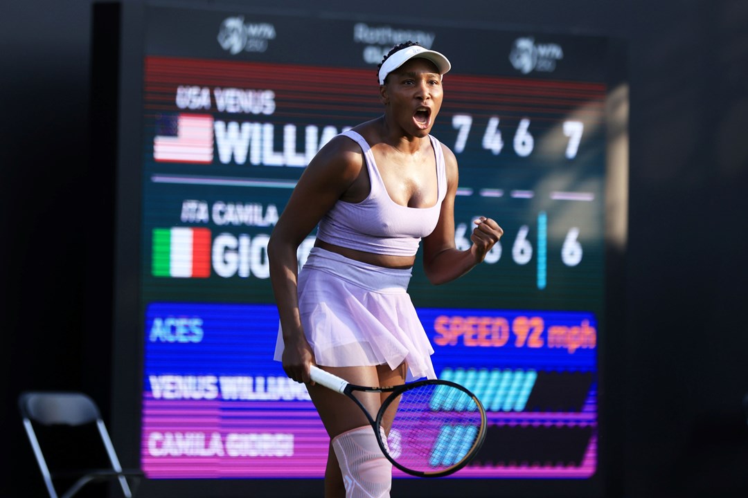 Venus Williams celebrating winning match point in her opening round match against Camilla Giorgi at the 2023 Rothesay Classic Birmingham. 